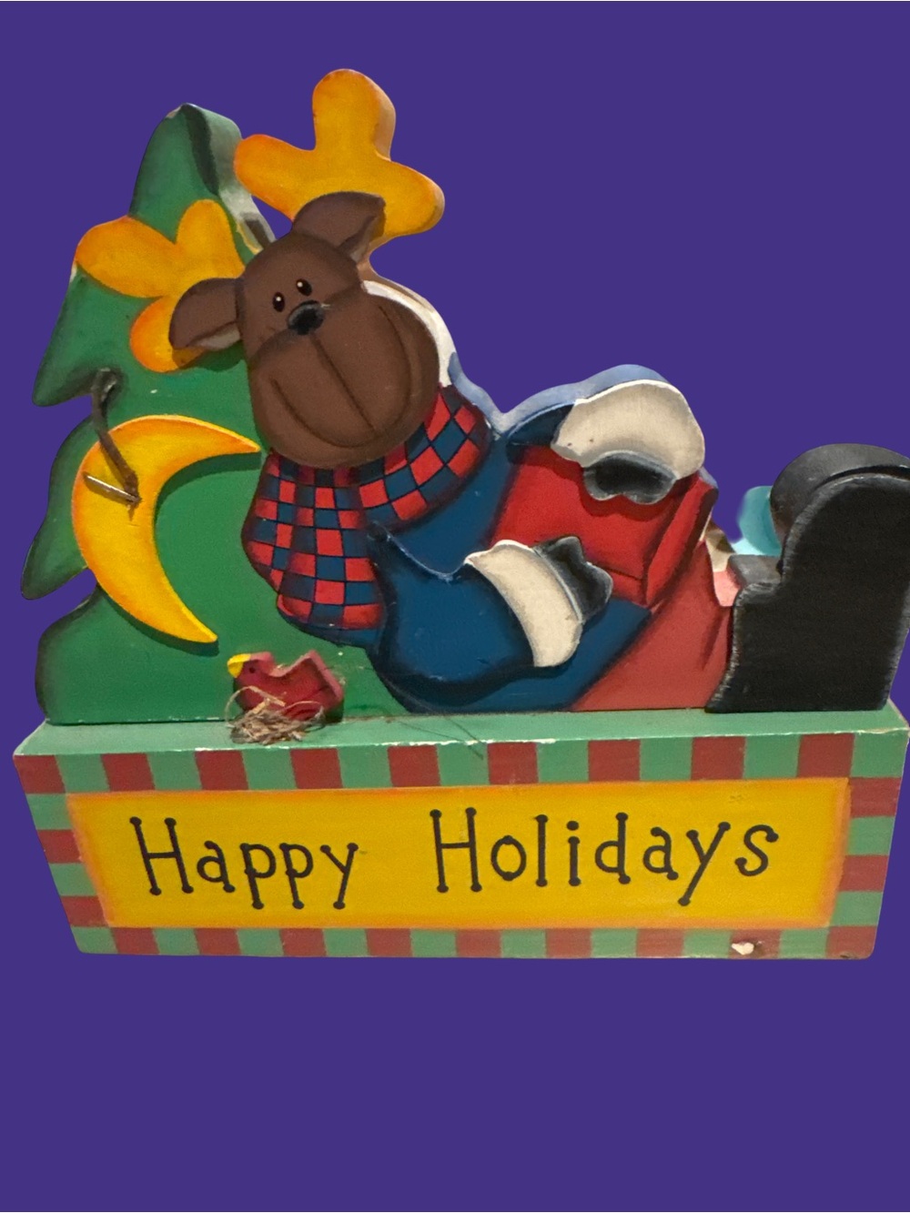 Holiday Reindeer Wooden "Happy Holidays" Table Decoration - Multicolor